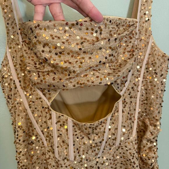 Womens Ball Gown Evening Dress 3X Plus Tan Sequins Party Cocktail Ruched Bodycon - Picture 5 of 12